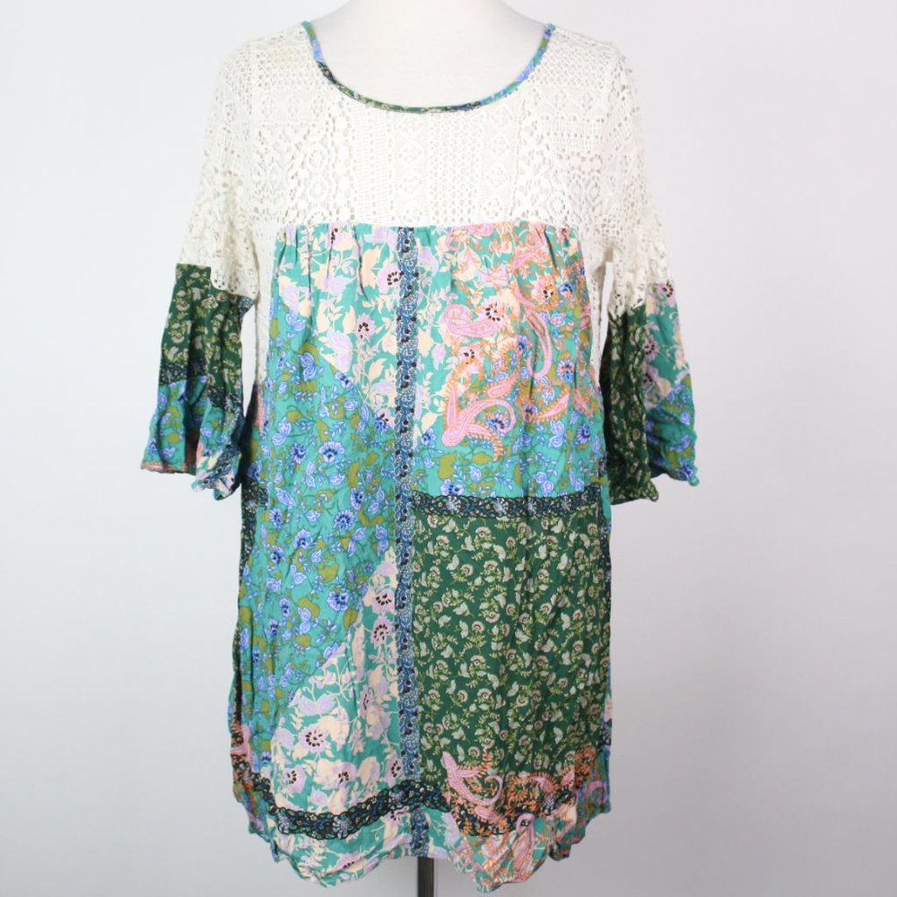 Umgee Womens Medium Paisley Crochet Boho Patchwork Tunic Top